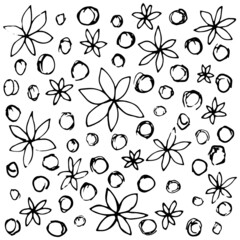 Wall Mural - Simple pattern with flowers and circles. Rough black and white freehand line vector drawing, isolated on transparent background