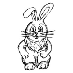 Wall Mural - Cute hare with a fur collar. Rough black and white freehand line vector drawing, isolated on transparent background