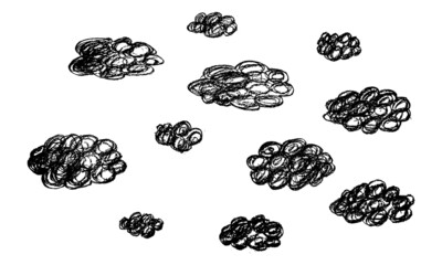Wall Mural - Set of hand-drawn with pencil clouds. Black and white rough freehand vector icons isolated on transparent background