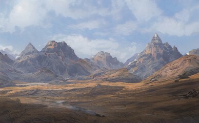 Fototapete - Fabulous magic Panoramic landscape mountains, mountain peaks amazing view. Magical nature valley of mountains and ridges. Illustration