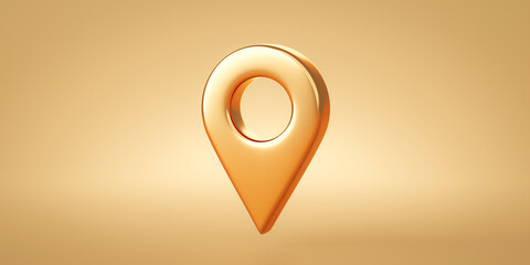 Wall Mural - Gold location symbol navigator reminder pin navigation pointer marker icon or travel map gps mark sign and place point position button tag on golden 3d background with positioning landmark checkpoint.