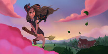 Fictional Landscape With A Witch Girl And A Cat Soaring In The Clouds On A Broomstick. Sunset Sky In Pink Tones. Romantic Poster For Interior Decoration, Print, Clothes, Typography.