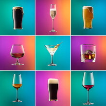 Set Of Glasses With Different Alcoholic Drinks And Cocktails On Gradient Pink-blue Background In Neon Light. Alcohol Drinks Concept.