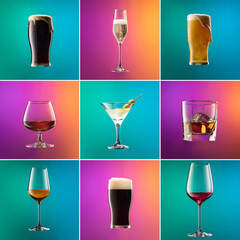 Set of glasses with different alcoholic drinks and cocktails on gradient pink-blue background in neon light. Alcohol drinks concept.