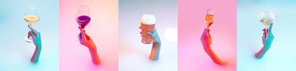 Set of images with female hand gesturing from the milk bath with soft white glowing in neon light. Holding glass of blue cocktail, alcohol.