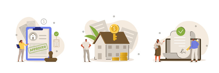 Wall Mural - mortgage process illustration set. people buying property with mortgage. characters getting bank app