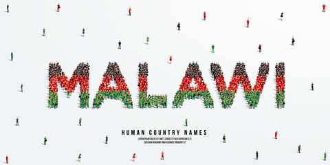 Wall Mural - A large group of people stands, making up the word Malawi. Malawi flag made from people crowd. Vector illustration isolated on white background.
