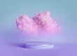 3d render, abstract blue violet background with pink fluffy cloud levitates above the empty stage. Minimal showcase with round platform for product presentation