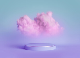 Wall Mural - 3d render, abstract blue violet background with pink fluffy cloud levitates above the empty stage. Minimal showcase with round platform for product presentation
