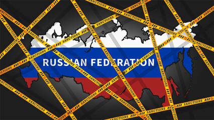 Yellow ribbons with the inscription, sanctions, wrapped around the map of the Russian Federation, painted in the colors of the flag. Political poster dedicated to the economic isolation of Russia