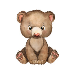 watercolor illustration of cartoon little bear cub, brown teddy, baby animal, forest animal, baby wa