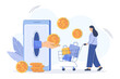 Cashback refund or financial savings flat vector illustration. Hand from smartphone give to woman money cash back for online purchase. Girl with shopping cart receiving bonus golden coins and reward.
