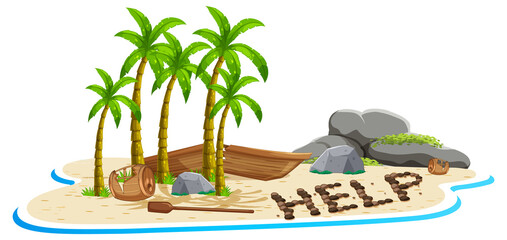 Wall Mural - Deserted island with broken boat lying on the beach with help sign