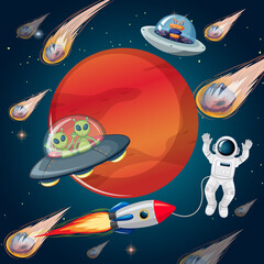 Wall Mural - Outer space scene with astonaut and alien in cartoon style