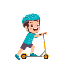 Canvas Print - cute little boy riding scooter and wear helmet