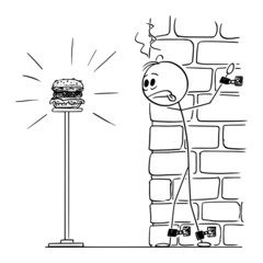 Sticker - Chained Person Suffering Hunger, Looking at Burger, Vector Cartoon Stick Figure Illustration