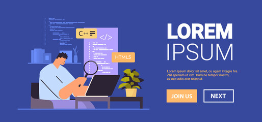 Wall Mural - web developer creating program code on laptop screen development of software and programming concept