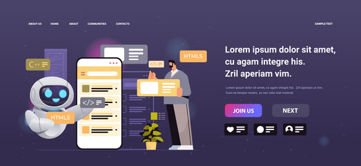 Wall Mural - man and robot web developers creating program code on smartphone screen development of software and 