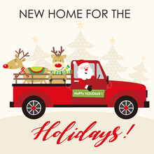 Christmas Greeting Card With Truck, Santa Claus And Reindeer