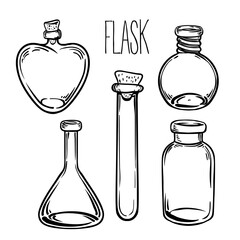 Glass Bottles. Vector illustration.Ink on aged card paper. Kitchen objects doodle style sketch, Black and white drawing isolated on white. Design for coloring book page for adults and kids.