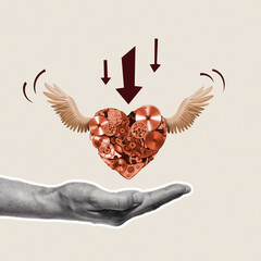 Wall Mural - A mechanical heart with wings flies up to a human hand. Art collage.