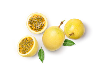 Wall Mural - flat lay of yellow passion fruit with cut in half and green leaf isolated on white background..