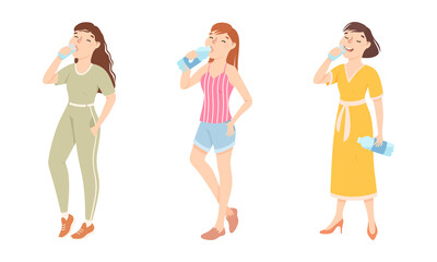 Sticker - Young Woman Standing and Drinking Pure Still Water from Plastic Bottle Quenching Thirst Vector Set