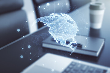 Wall Mural - digital america map on modern computer background, global technology concept. multiexposure