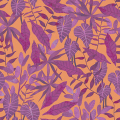 Wall Mural - Hand drawn botanical seamless pattern with exotic plants and leaves. Modern colorful tropical background.