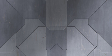 Futuristic conceptual design background. Spaceship texture wallpaper. Brushed technology pattern surface. 3D illustration. Symmetrical SciFi panels wall.