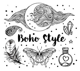 Poster - Gypsy Love: Set of Ornamental Boho Style Elements. Vector illustration. Tattoo template. Trendy hand drawn tribal symbol collection. Hippie design elements. Coloring book pages for adults.