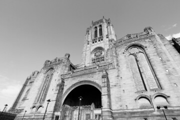 Sticker - Liverpool Cathedral - Anglican Cathedral of Liverpool UK. Black and white vintage style.