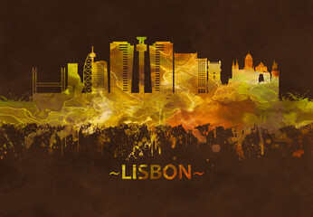 Fototapete - Lisbon Portugal skyline Black and Gold