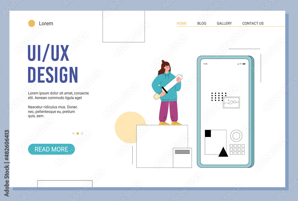 UI UX design landing page template, female character creates user ...