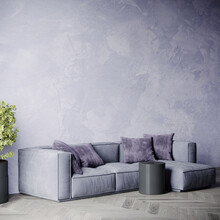 Calm Veryperi Color - Lavender And Gray In The Interior Designof The Living Room. Accent Empty Wall For Art. Purple Plaster Or Stucco. 3d Render