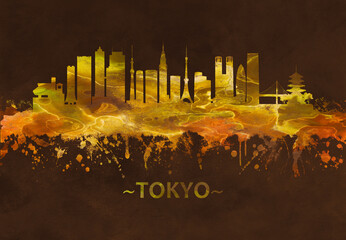 Fototapete - Tokyo Japan skyline Black and Gold