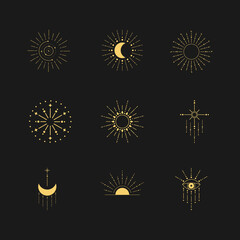 Wall Mural - minimal boho linear symbols. set of celestial mystic element. vector line art illustration.