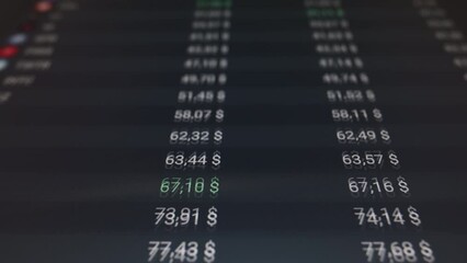 Poster - Laptop screen with stock market charts. Technical analysis and fundamental indicators of stock quotes in the trading terminal. Japanese candlesticks and company tickers.