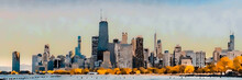 Chicago Skyline, Illinois, USA, Abstract Watercolor Sketch Illustration.