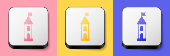 Canvas Print - Isometric Castle tower icon isolated on pink, yellow and blue background. Fortress sign. Square button. Vector