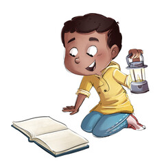 Wall Mural - illustration of african american boy reading a book with antique lamp