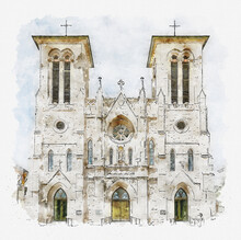 San Fernando Cathedral In San Antonio, Texas, USA, Watercolor Sketch Illustration.