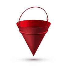 Realistic Red Fire Bucket With Handle Vector Illustration. Metallic Basket Blaze Firefighting