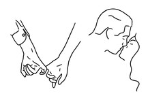 Man Kiss Woman Monoline. Two Hands In Monoline Style. Love Illustration In Line Style. Romantic Illustration