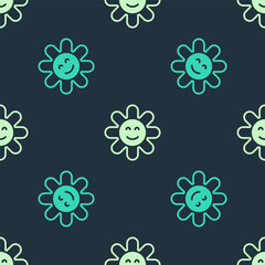 Green and beige Flower icon isolated seamless pattern on blue background. Vector