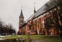 Medieval Architecture Of The European City Of Konigsberg. Cathedral In Kaliningrad Front View