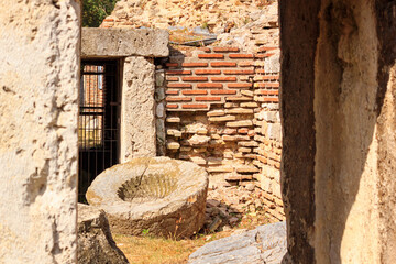 remains thermae of ancient roman odessos with antique washbasin, in the city of varna, on the black 