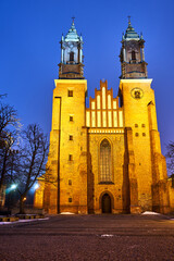 Wall Mural - the facade and bell towers of the historic Gothic cathedral at night