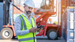 © Yellow Boat - CEO or Manager in white helmet with tablet control loading Containers box in warehouse , manager inspector or Safety Supervisor in Container CustomTerminal port