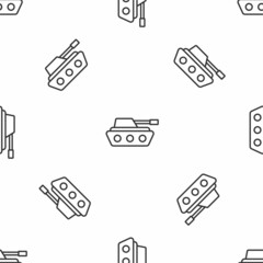 Sticker - Grey line Military tank icon isolated seamless pattern on white background. Vector